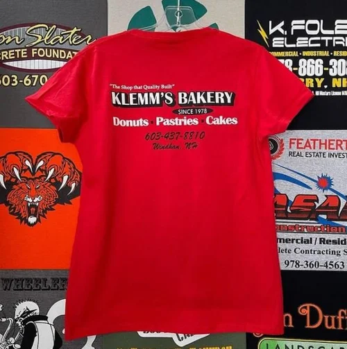 Red bakery shirt with a full-color printed logo for staff uniforms