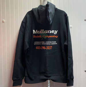 Company hoodie decorated with a business logo and contact details